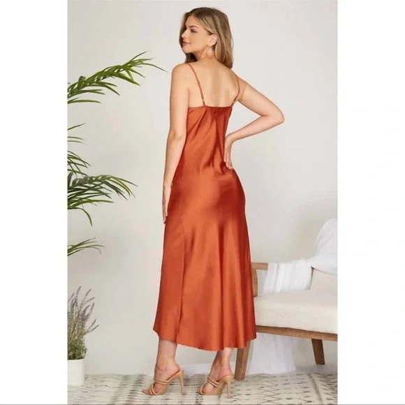 NWT BCBGeneration Silky Satin Cooper Rose Rust Slip Maxi Dress Medium - Picture 3 of 12